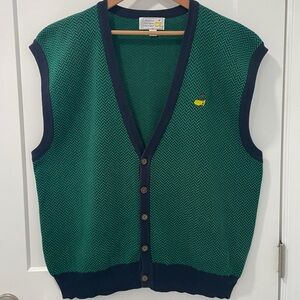 RARE VTG MASTERS Augusta National Golf Green Chevron Knit V-neck Button Vest XL